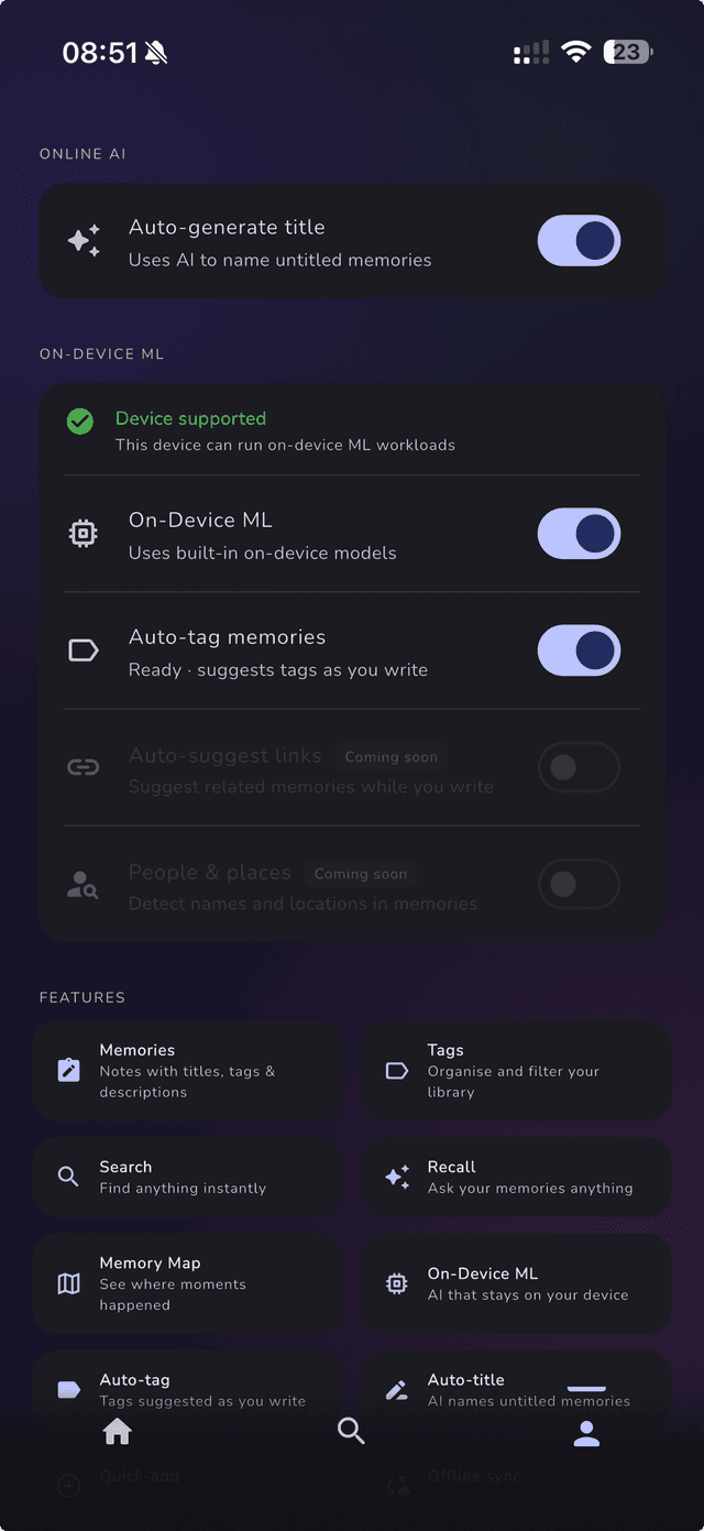Privacy settings showing Online AI and On-Device ML sections